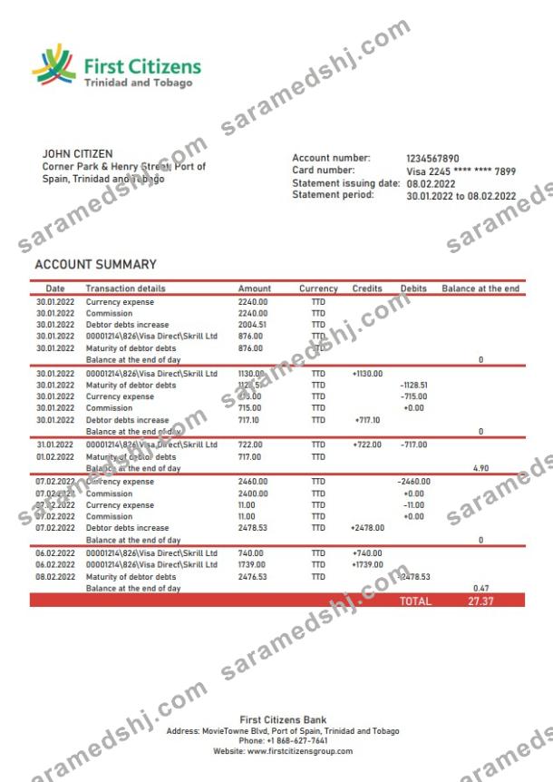 Trinidad and Tobago First Citizens bank statement